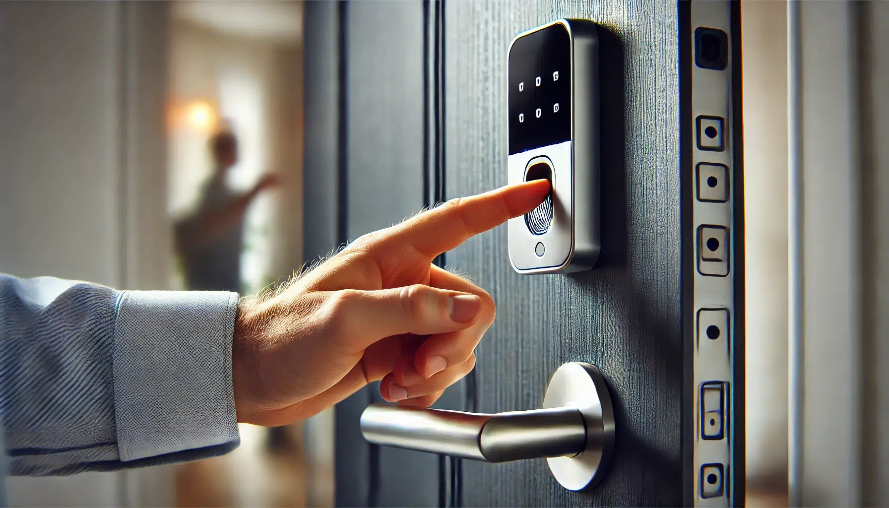 Электронные замки DALL·E 2024 07 23 12.34.07 A detailed photograph of an electronic door lock being installed on a door. A person is using their fingerprint to unlock the door. The scene is well