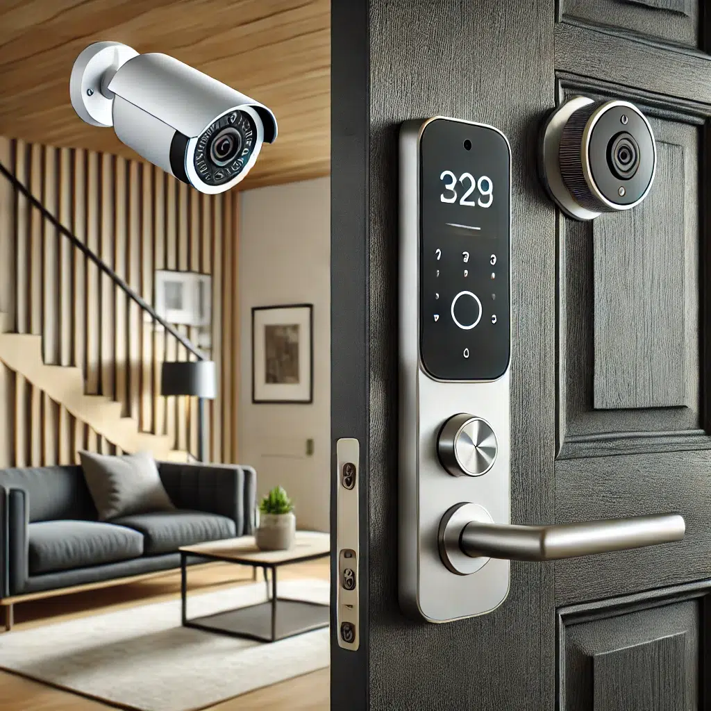 Электронные замки DALL·E 2024 07 23 15.39.44 A smart lock on a door with a surveillance camera installed nearby. The smart lock has a digital display and touchpad looking sleek and modern. The s