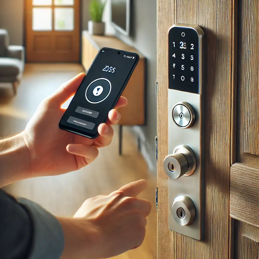 Электронные замки DALL·E 2024 07 23 15.41.05 A person opening a door using a smartphone. The person is holding the smartphone up to the smart lock on the door which has a digital display and tou