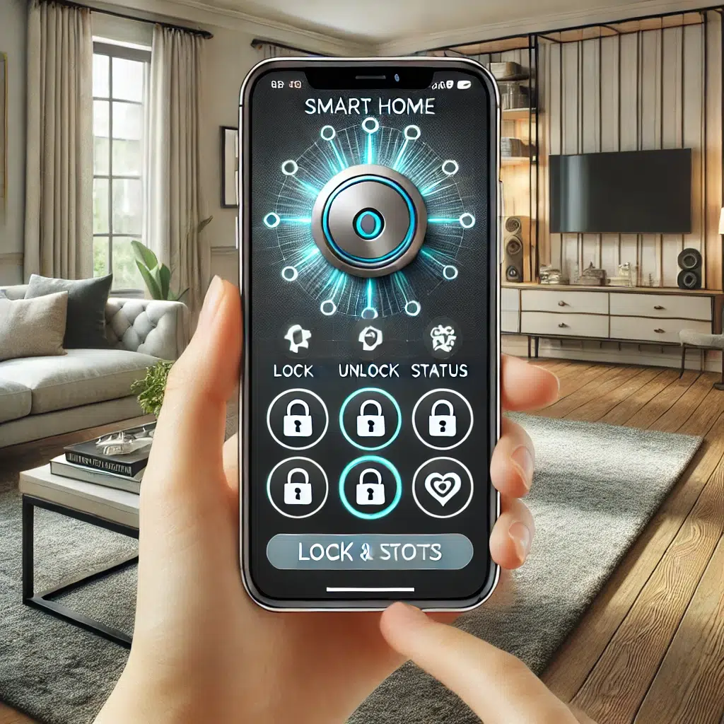 Электронные замки DALL·E 2024 07 23 15.43.24 A smart home screen showing the control of a smart lock through a mobile app. The screen displays an intuitive user interface with options to lock and