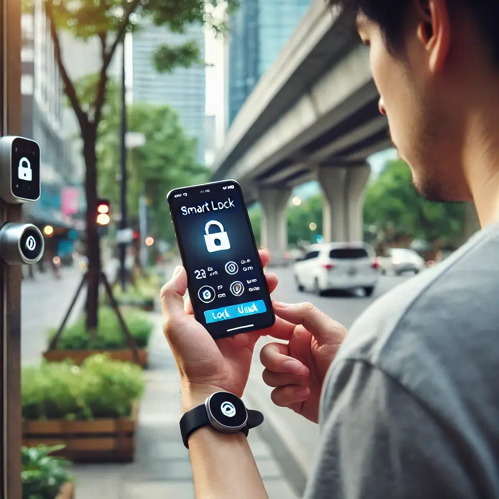 Электронные замки DALL·E 2024 07 23 15.44.29 A person checking the status of a smart lock through a smartphone while being away from home. The person is standing outdoors possibly in a park or u