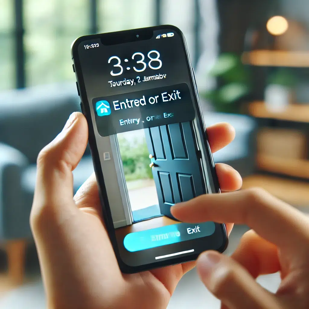 Электронные замки DALL·E 2024 07 23 15.46.12 A smartphone displaying a notification about entry or exit. The screen shows a clear notification from a smart home app indicating that someone has en