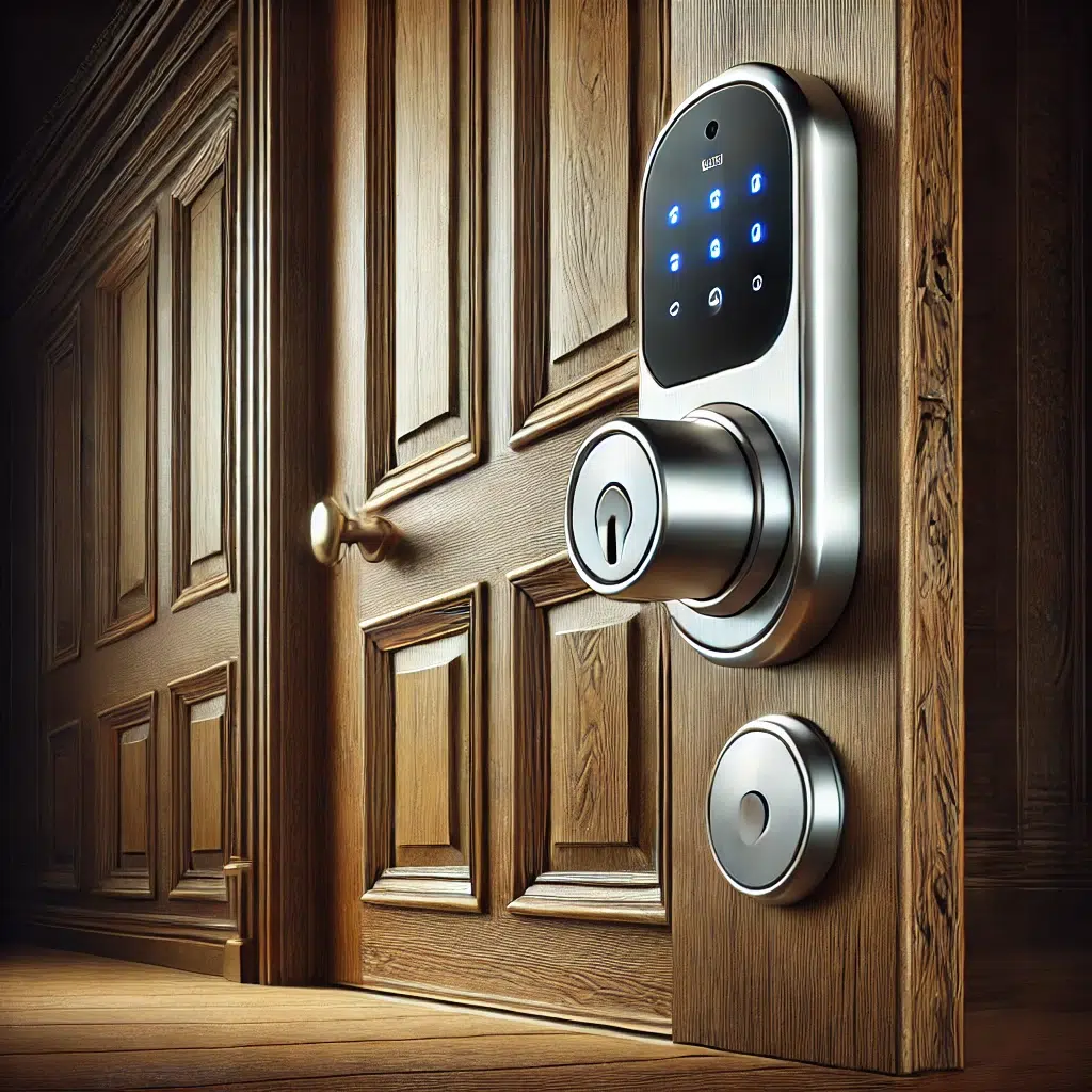 Электронные замки DALL·E 2024 07 23 15.48.48 A metallic smart lock on a massive wooden door. The smart lock is sleek made of shiny metal and features a digital display and touchpad. The door is