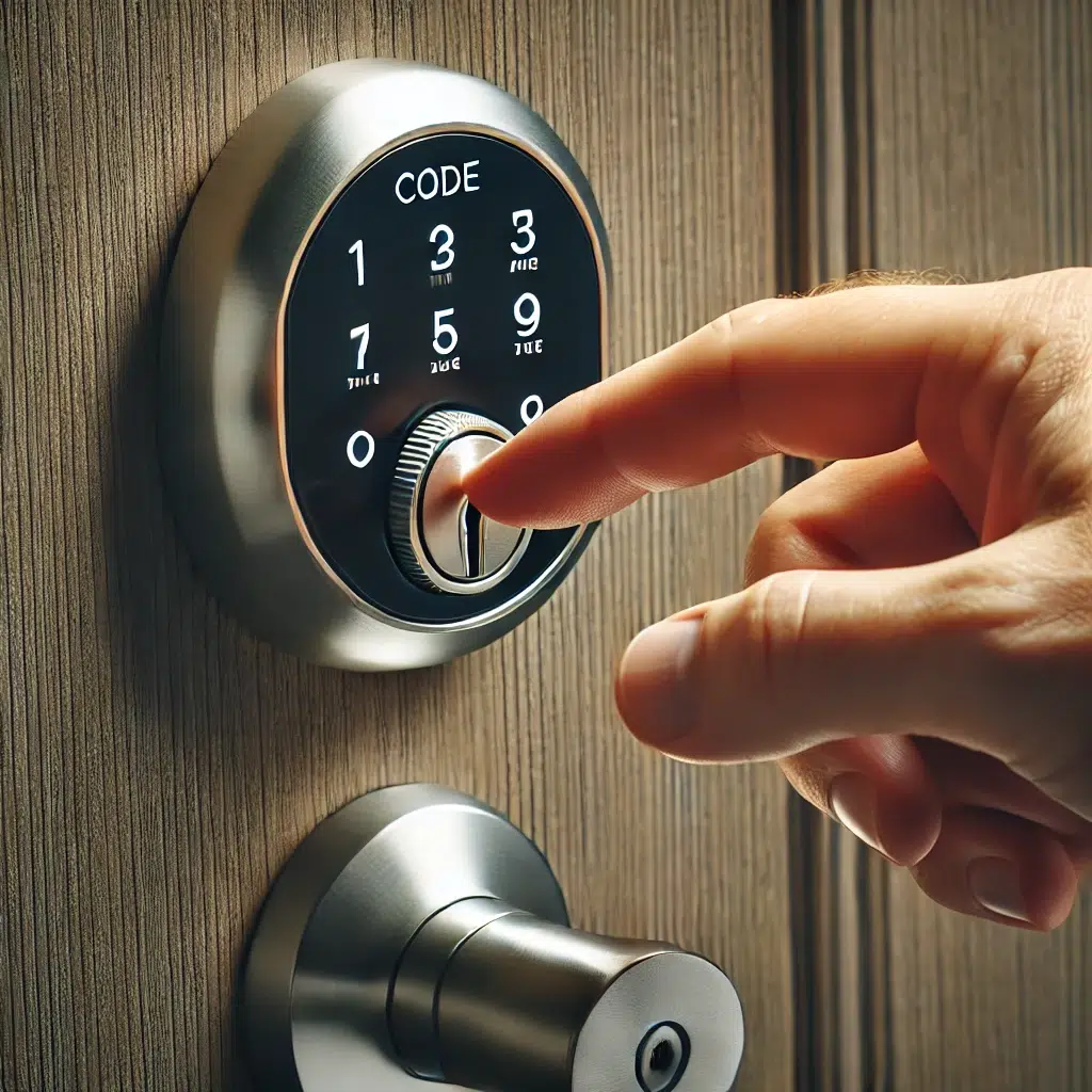 Электронные замки DALL·E 2024 07 23 15.50.33 A person entering a code on the touchpad of a smart lock. The close up view shows the persons hand pressing numbers on the sleek metallic touchpad